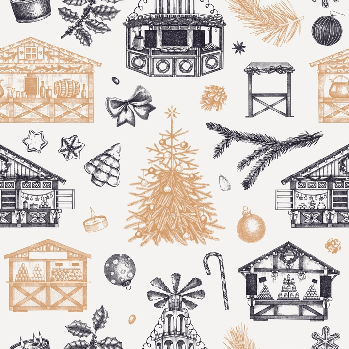 Christmas seamless pattern. Christmas fair background. Hand drawn vector illustration. Winter holiday marketplace. Wooden stall kiosk, Christmas tree, candy shop, decoration, sweets sketches